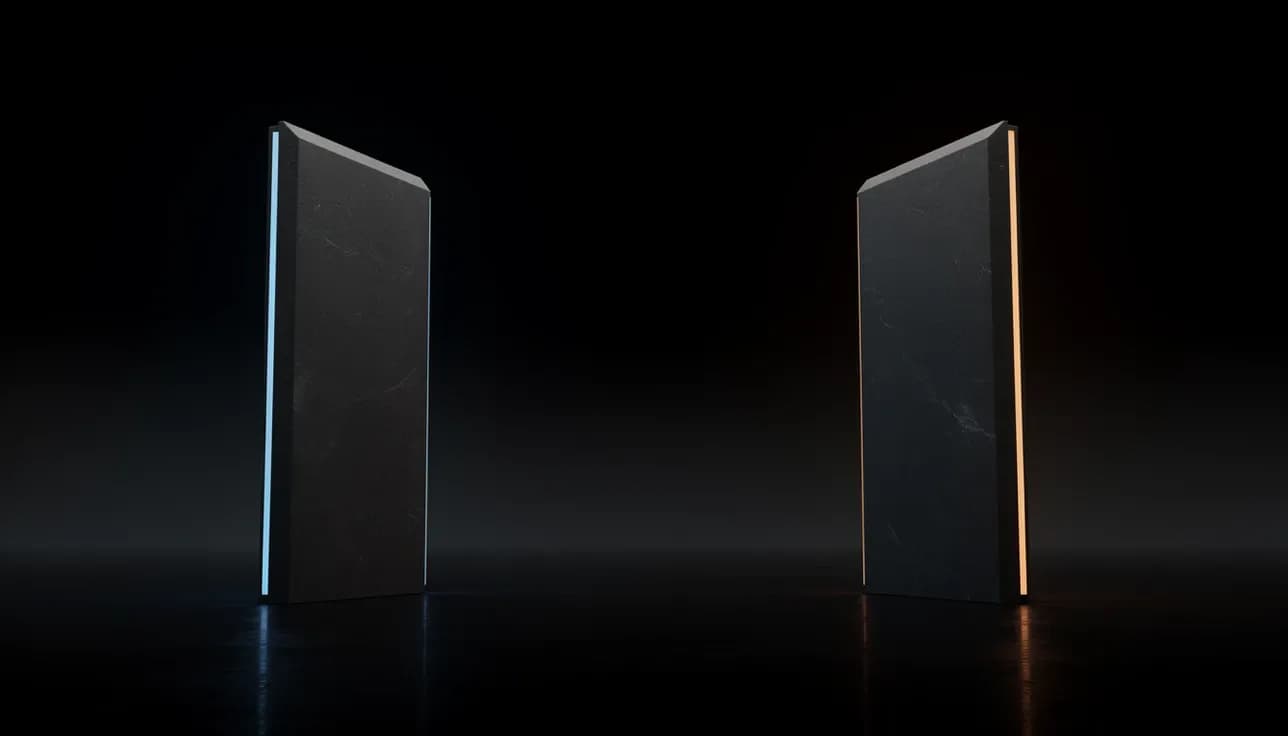 AllAble vs Profound - two dark systems facing each other, one lit cool blue and one warm orange, on a near-black background.