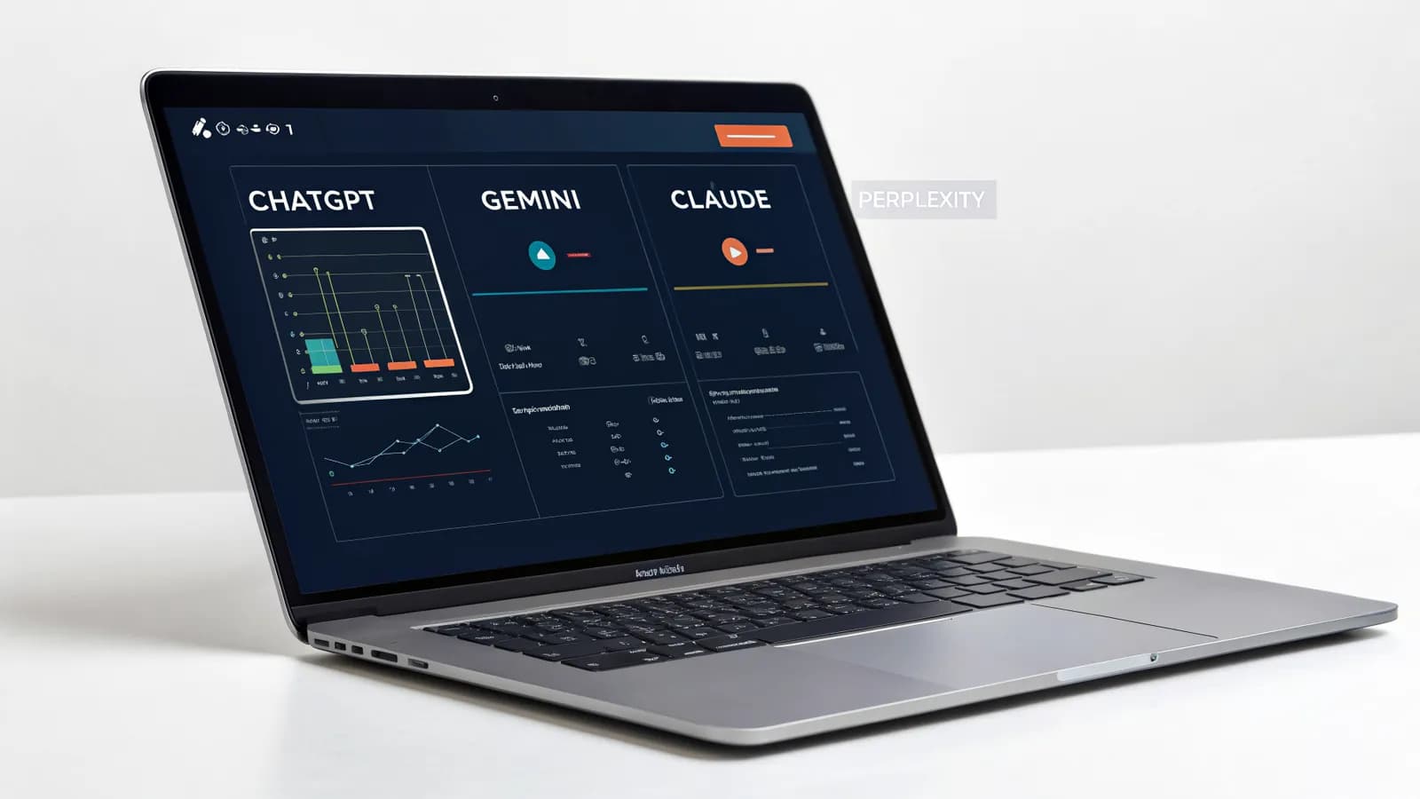 Dark SaaS AI citation tracking dashboard on a MacBook Pro — brand citation status across ChatGPT, Gemini, Claude and Perplexity with orange and blue accent charts on deep navy background