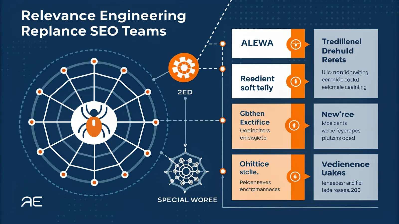 What is relevance engineering 2026 — split-panel visual of traditional SEO crawler versus LLM retrieval core with embedding vectors, dark navy with orange and blue accents
