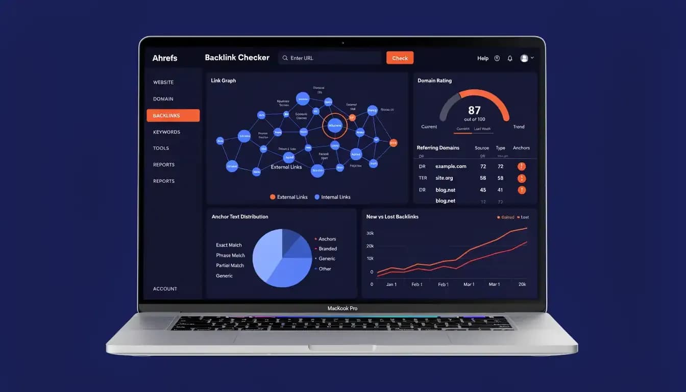 Ahrefs Backlink Checker dashboard showing link graph network visualization and domain rating on MacBook Pro|Ahrefs Backlink Checker — The Most Powerful Link Analysis Tool?