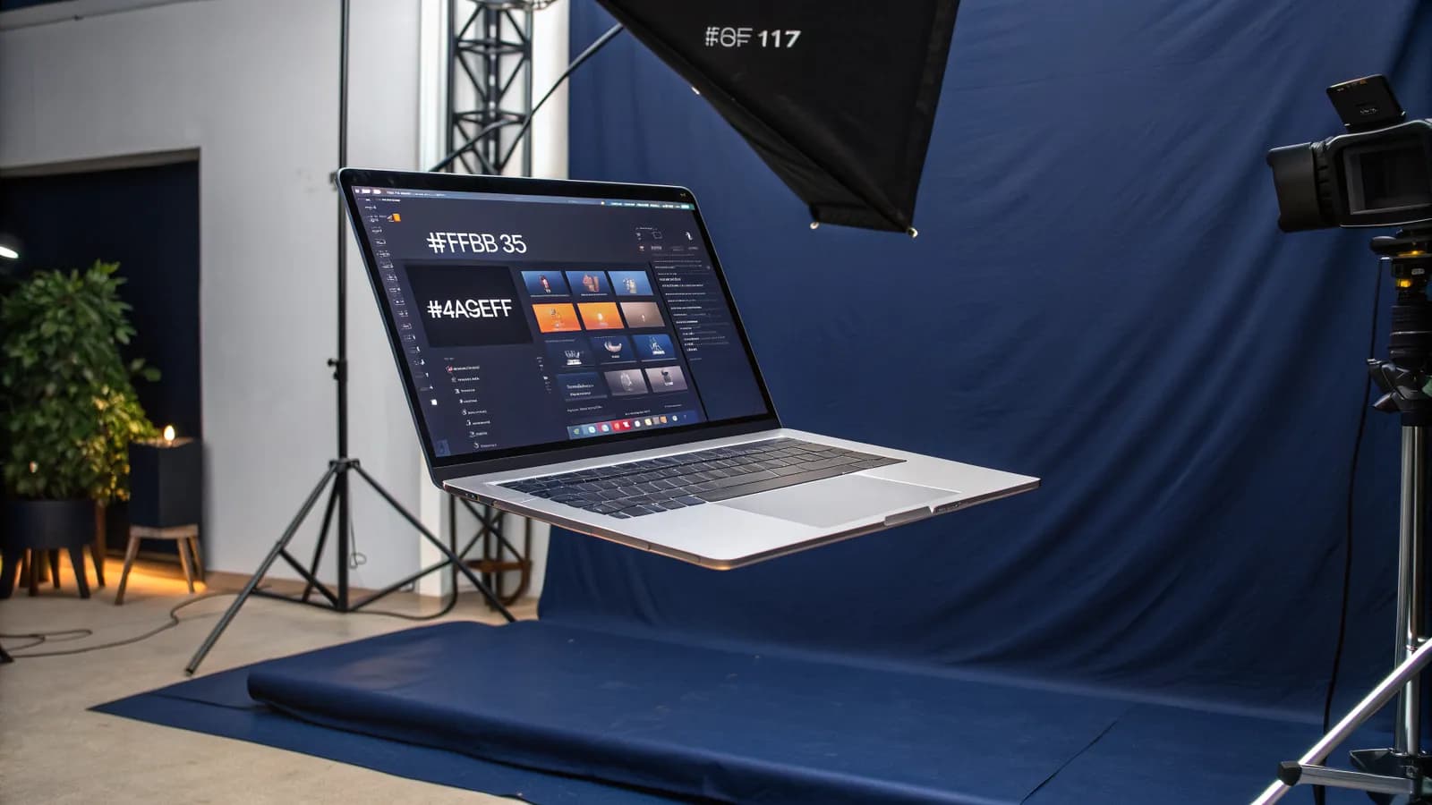 AI marketing strategy 2026 playbook — laptop on a deep blue studio backdrop showing a colour-swatch interface in a creative production setup