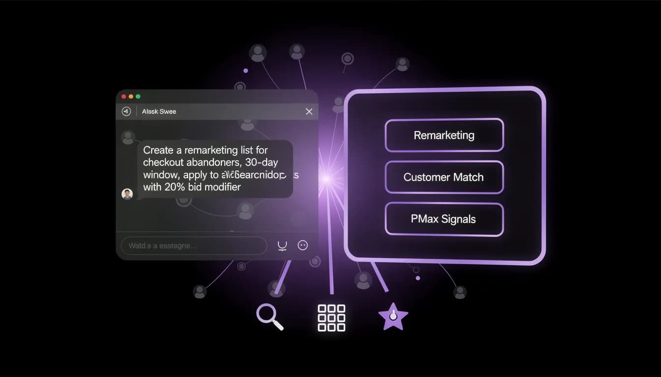Google Ads Audience Manager — AI chat interface showing audience creation and campaign application