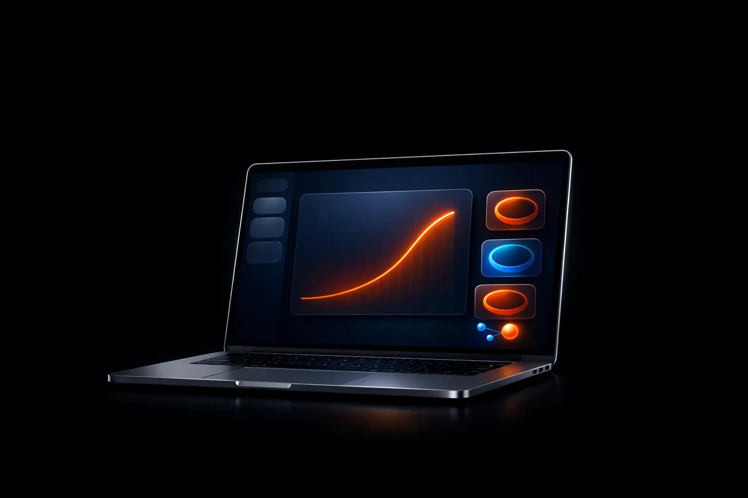 AI market research dashboard 2026 — abstract analytics interface on a laptop, orange trend curve and metric tiles feeding one glowing decision point, dark navy background