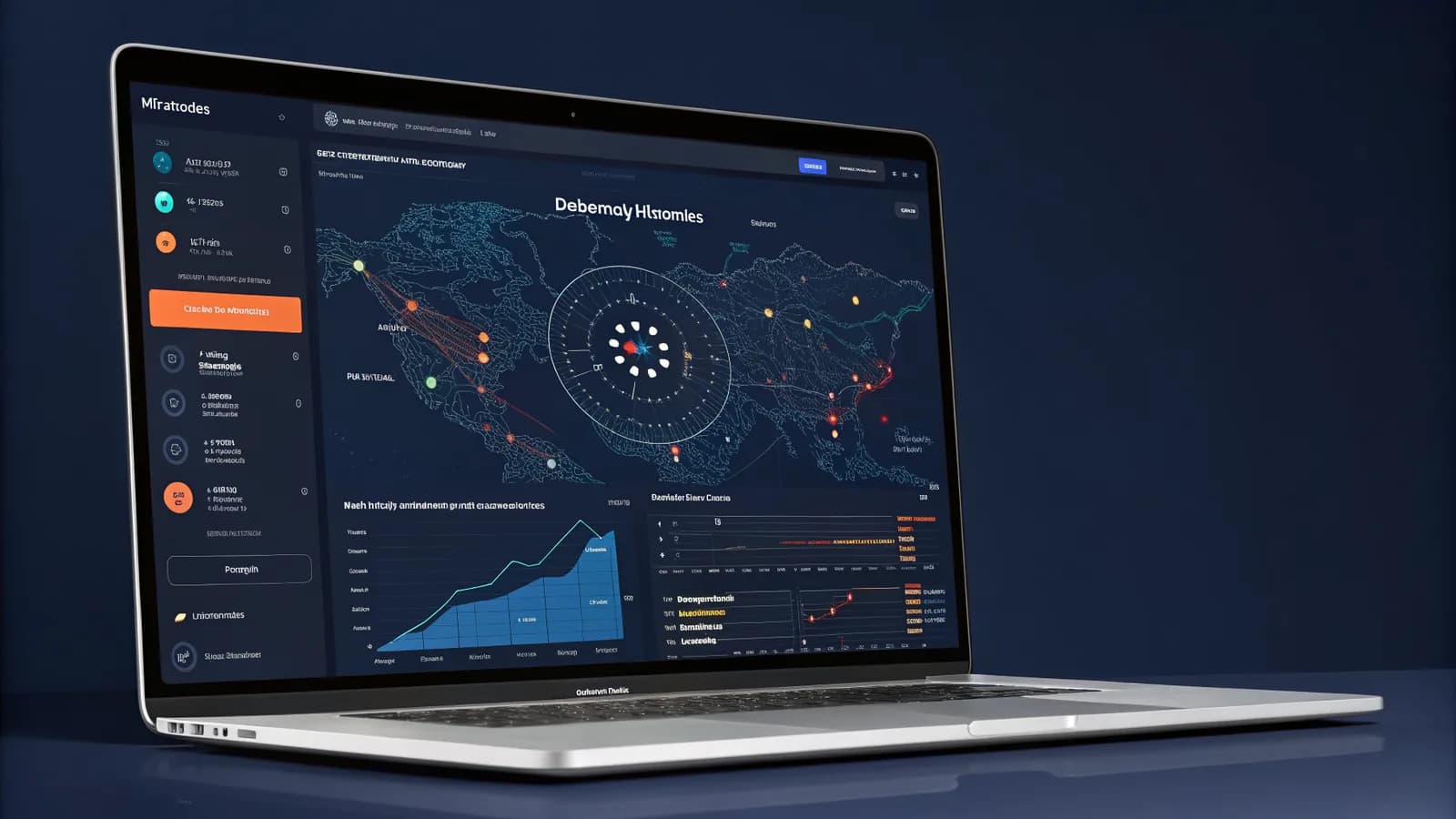 Competitive intelligence monitoring dashboard 2026 — competitor radar view with share-of-voice and change alerts, dark SaaS UI, deep navy background with orange and blue accents