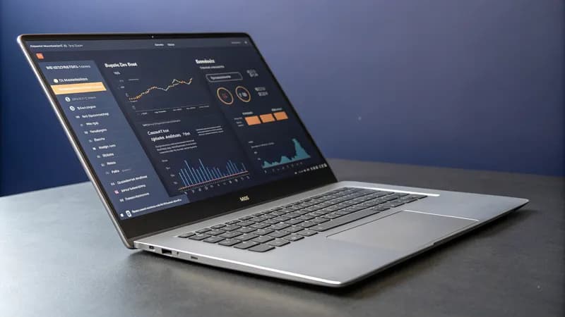 Laptop showing a dark SEO pricing dashboard, four increasing price tiers and a price spectrum strip, deep navy screen with orange accents
