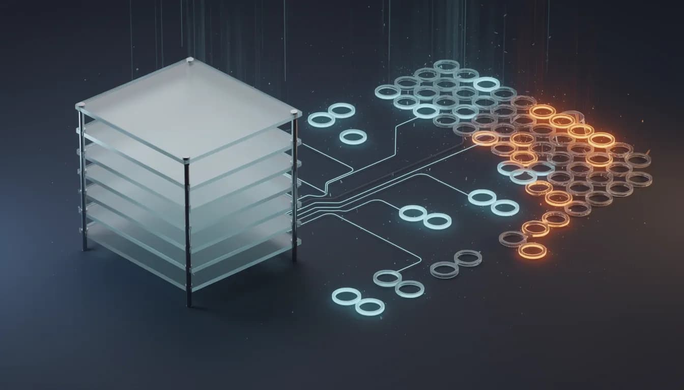 A fixed compact stack of glass tool panels stays the same size while a crowd of glowing client rings multiplies beside it, showing an agency SEO stack consolidated across a growing client count